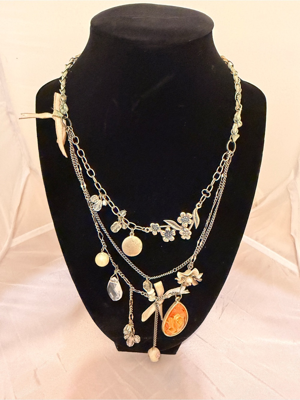 Park Lane Silver-Tone Multi-Layer Floral Charm Necklace with Orange Cameo
